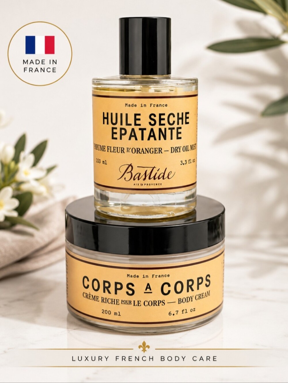 Bastide Corps A Corps Body Cream 6.7oz + Huile Seche Epatante Dry Oil 3.3oz Set